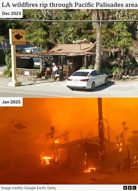 Before and after composite showing two photos of the exterior of a bait and tackle shop in the Palisades area. The image above is from December 2023. The image below is from January 2025. It shows the hut-like structure in flames but the shop sign is visible.