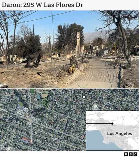 Graphic showing Doron's destroyed house and a map