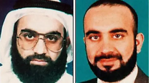 Getty Images Khalid Sheikh Mohammed's headshot photo split. In the one on the right, he is wearing a suit and the one on the left shows him in a white shirt with his head covered and wearing glasses.