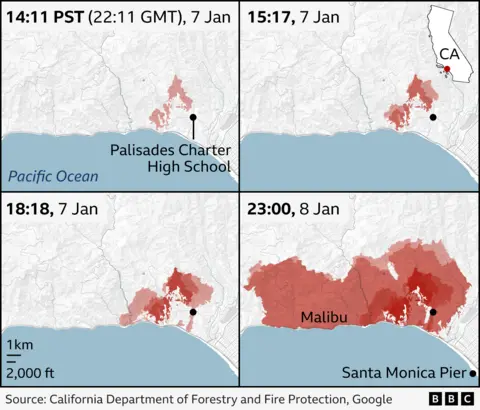 Map showing the four stages of development of the Palisades fire in California, spanning from 14:11 local time on 7th January to 23:00 GMT on 8th January.