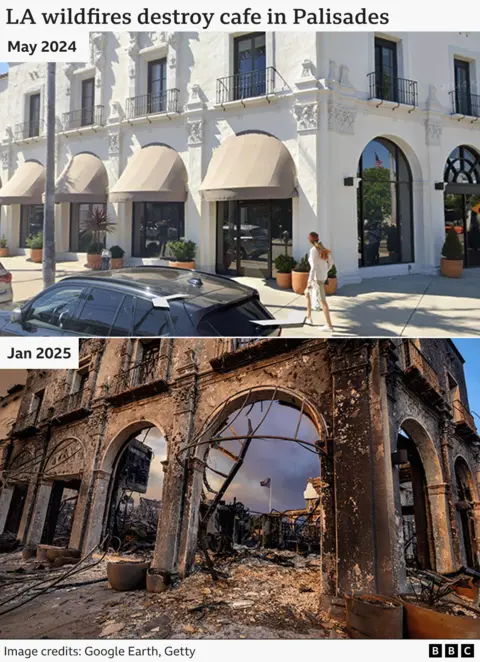 A composite before and after showing two photos of a smart cafe in the Palisades area. The photo above is from May 2024 and shows a bright white building with large arched windows and a tan canopy. The image below is from January 2025. It shows the charred remains of the arched structure with the destruction of glass and awnings.