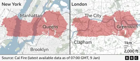 Maps showing the size of the Palisades fire as of 23:00 PST, January 8, (07:00 GMT, January 9) when superimposed over maps of New York, left, and London, right. It is comparable in size to the area stretching from Clapham to Greenwich in the UK capital, or the vast areas of lower Manhattan and Queens.