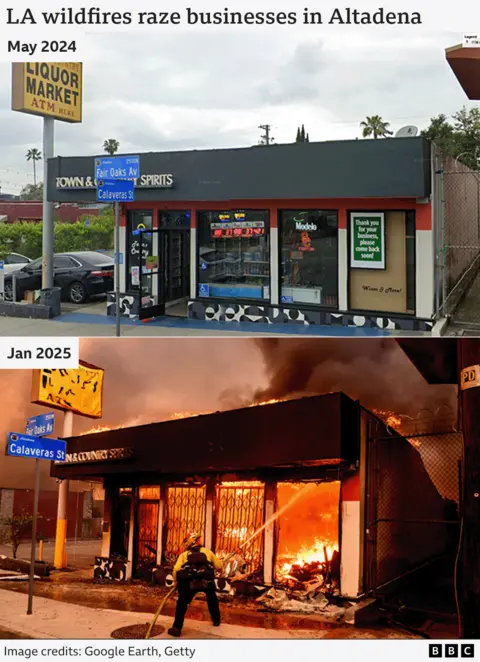 Composite before and after showing two photos of the exterior of a liquor store in Altadena, California. The image above is from May 2024, with business as usual. The image below is from 8th January 2025. It shows a firefighter fighting a pub fire during the Eaton fire.