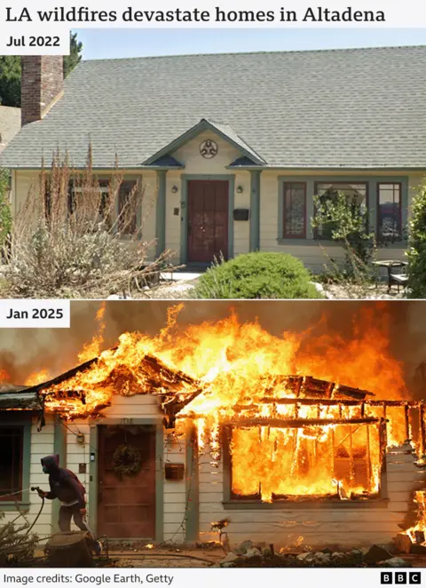 Composite before and after showing two images of the exterior of a home in Altadena, California The image above is from July 2022. The image below is from January 8, 2025. It shows a man using a garden hose to save the house from catching fire during the Eaton Fire.