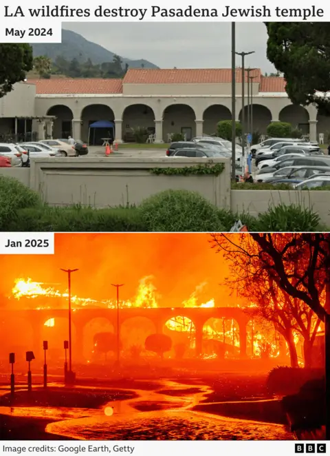 A before and after composite showing two images of the exterior of the Pasadena Jewish Temple and Center in California. The image above is from May 2024. The image below is from 7th January 2025. In it the Jewish Temple was burning during the Eaton fire in Pasadena.