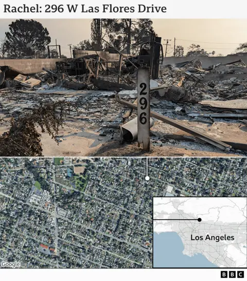 A graphic of a map and a photo of Rachel's destroyed home