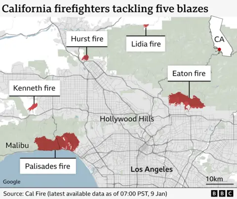 Map location of five fires around Los Angeles, showing their size - and proximity to Malibu and Hollywood Hills - based on the latest data from Cal Fire as of 9 January 07:00 GMT