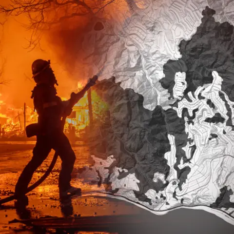 BBC treated image showing a firefighter standing next to a map of Los Angeles.