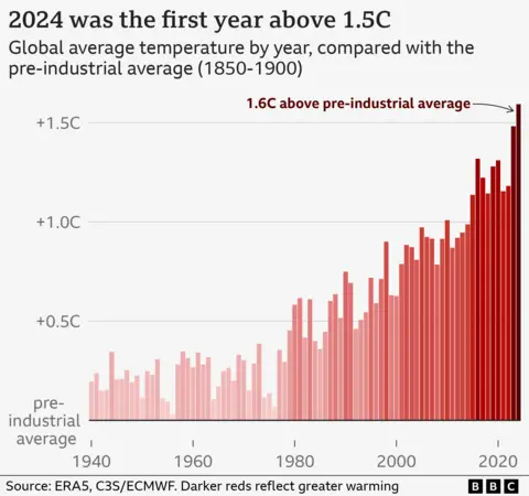 Bar chart of global mean annual temperature from 1940 to 2024. There is an increasing trend and according to the European Climate Service 2024 shows a maximum global average temperature of 1.6C. For hotter, darker shades of red for bars.