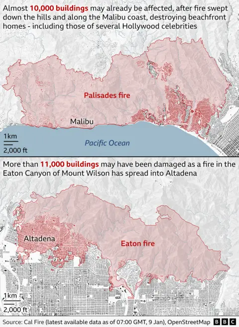 Two maps show the extent of the Palisades and Eaton fires and the area of ​​buildings already burned — about 10,000 in the Palisades fire, including Malibu beach front homes, and more than 11,000 in the Eaton fire.